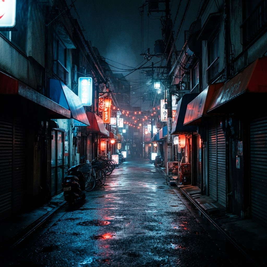 An empty neon-lit Japanese side street at night